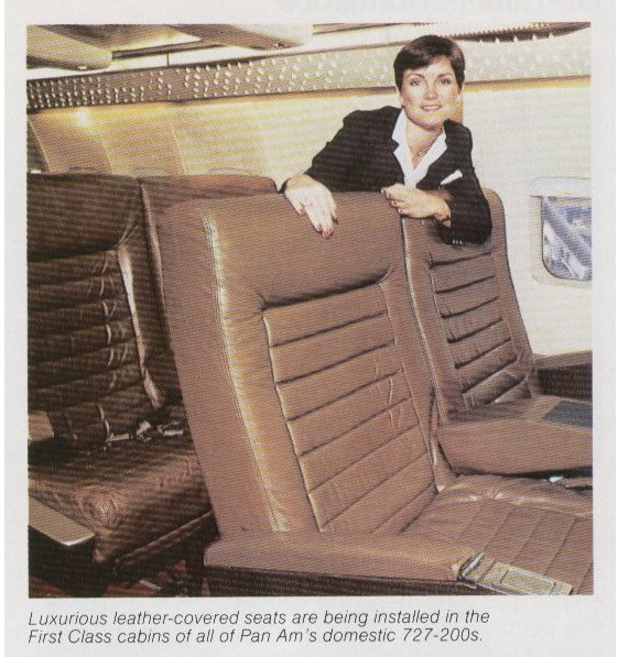 In the late 1970s Braniff outfitted its fleet with leather seats.  When Braniff ceased operations in 1981 Pan Am bought some of the seats to upgrade its domestic fleet of 727s.  In the photo a flight attendant poses with some of the newly acquired first class leather seats.
